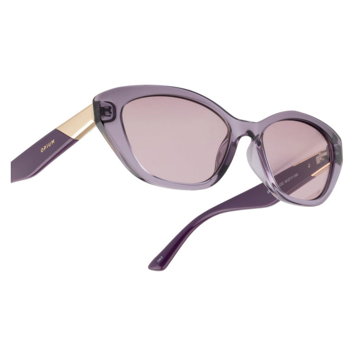 Close-up of the Opium logo on the temple of the OP10435 violet cat-eye sunglasses