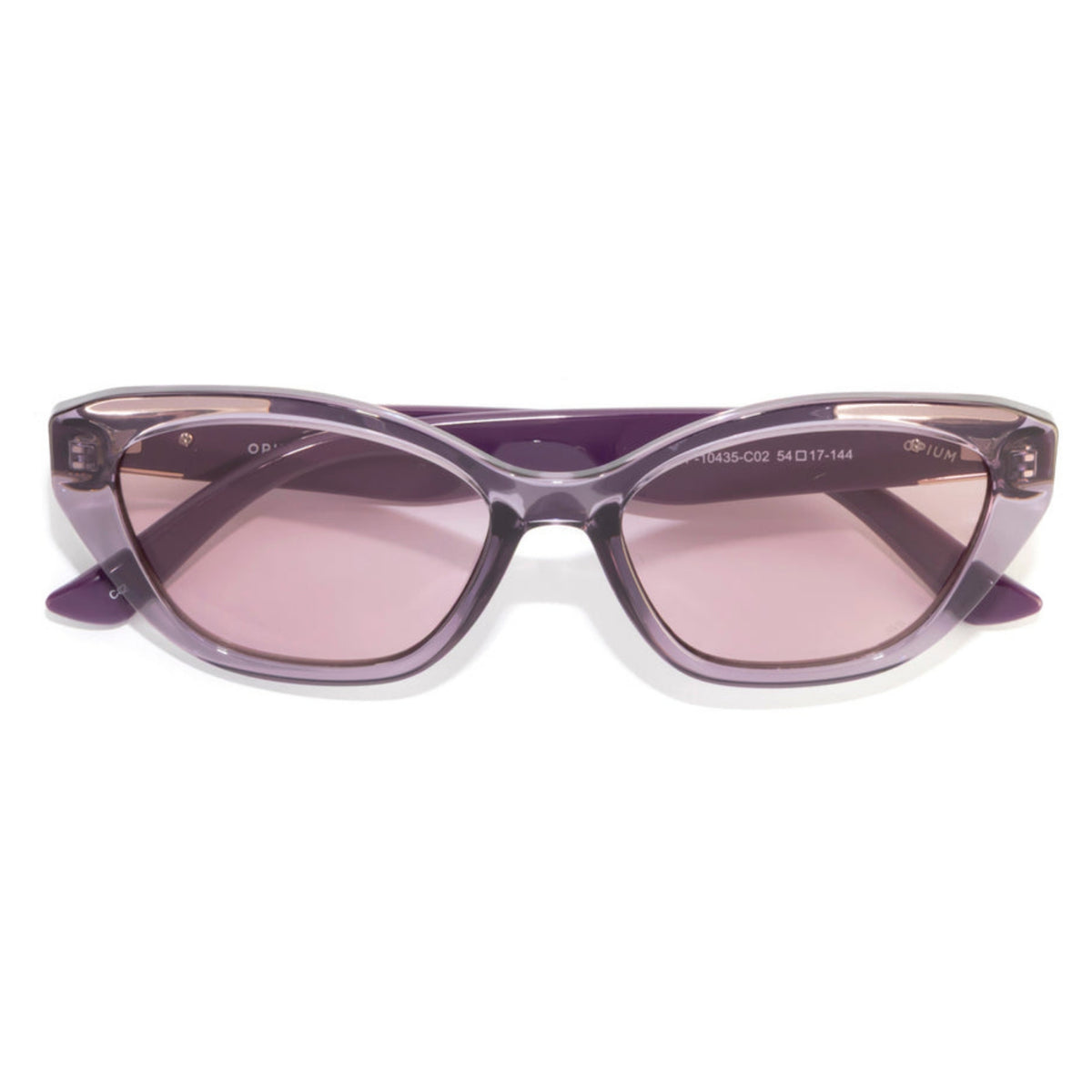 Opium OP10435 violet cat-eye sunglasses, front view with the temples folded