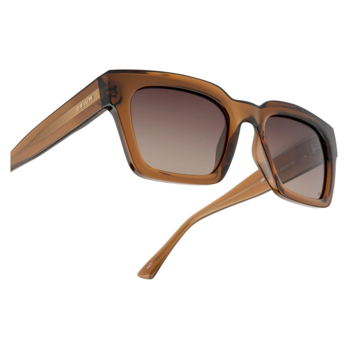 Close-up of the Opium logo on the temple of the OP10437 brown square sunglasses