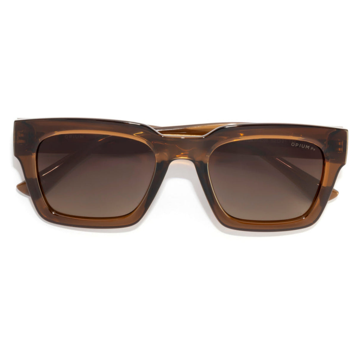 Opium OP10437 brown square sunglasses, front view with the temples folded