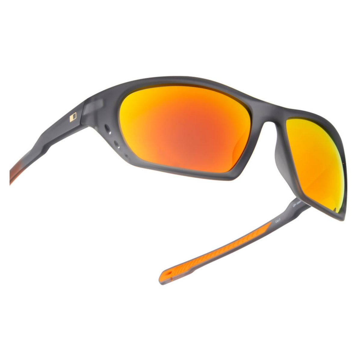 Close-up of the Opium logo on the temple of the OP10441 grey sports sunglasses