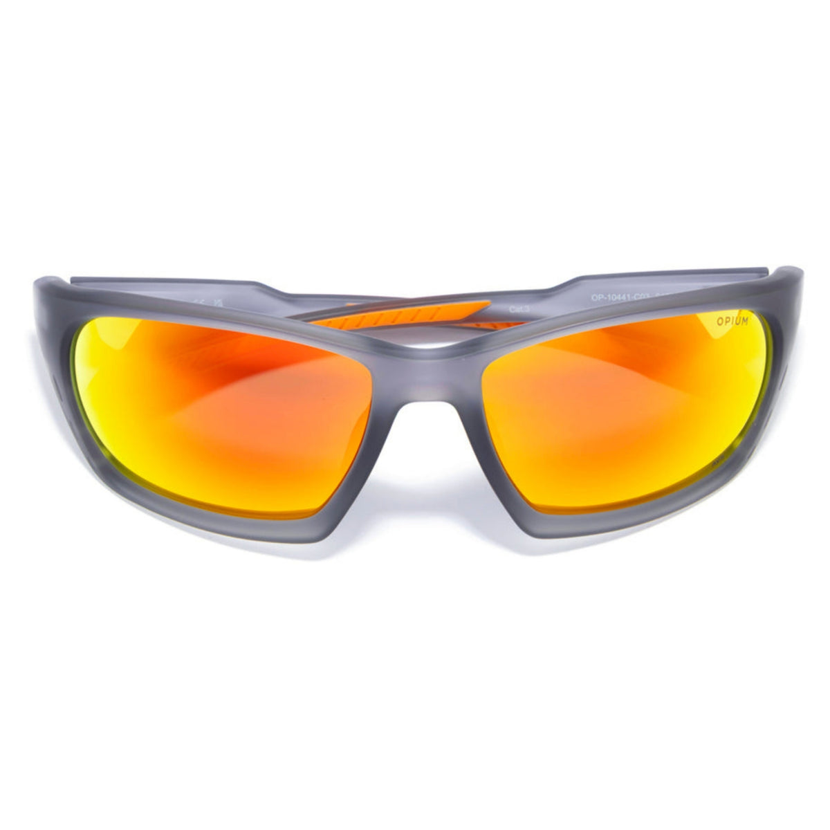 Opium OP10441 grey sports sunglasses, front view with the temples folded
