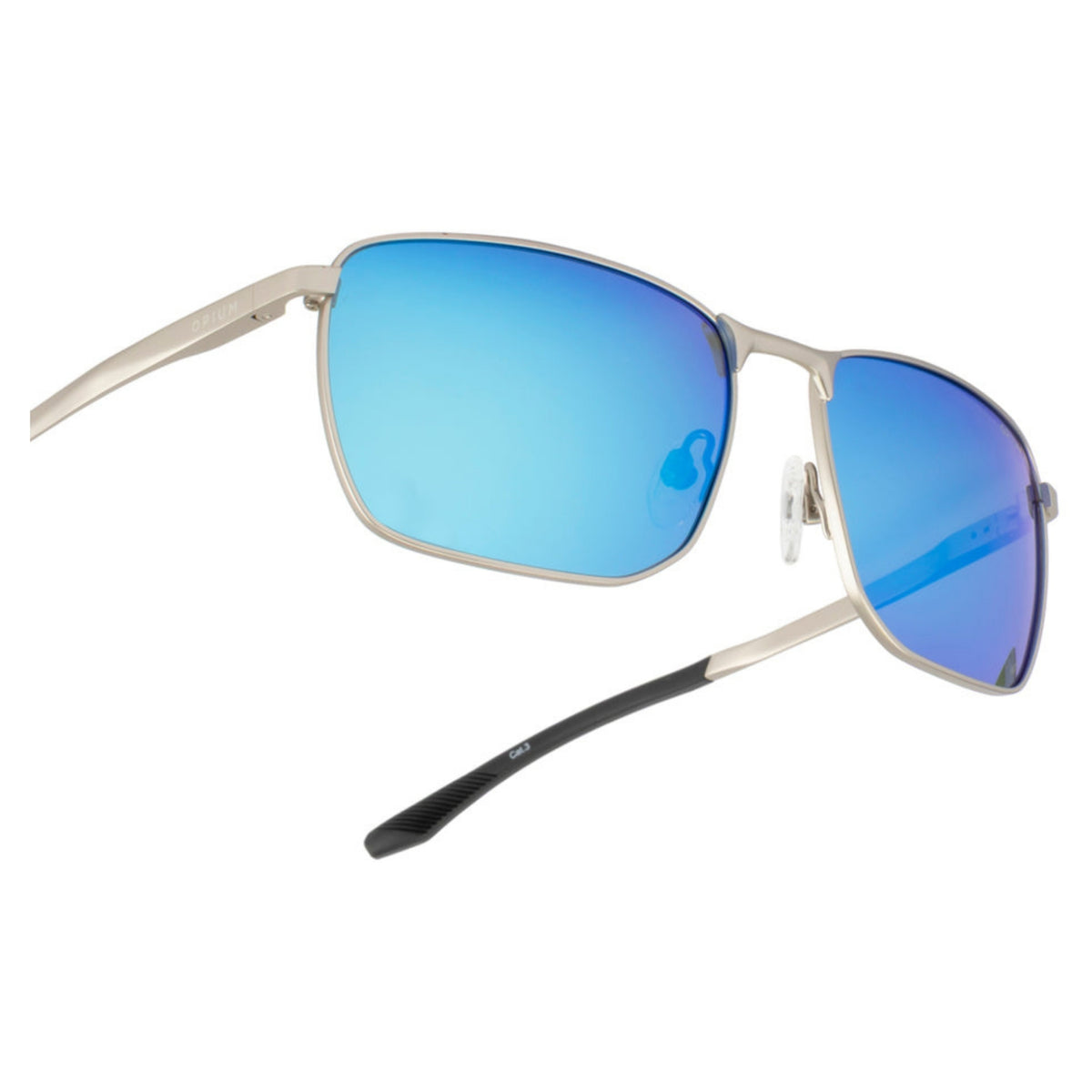 Close-up of the Opium logo on the temple of the OP10442 silver rectangle sunglasses