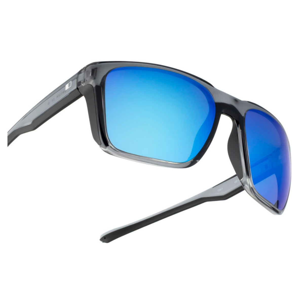 Close-up of the Opium logo on the temple of the OP10443 grey sports sunglasses