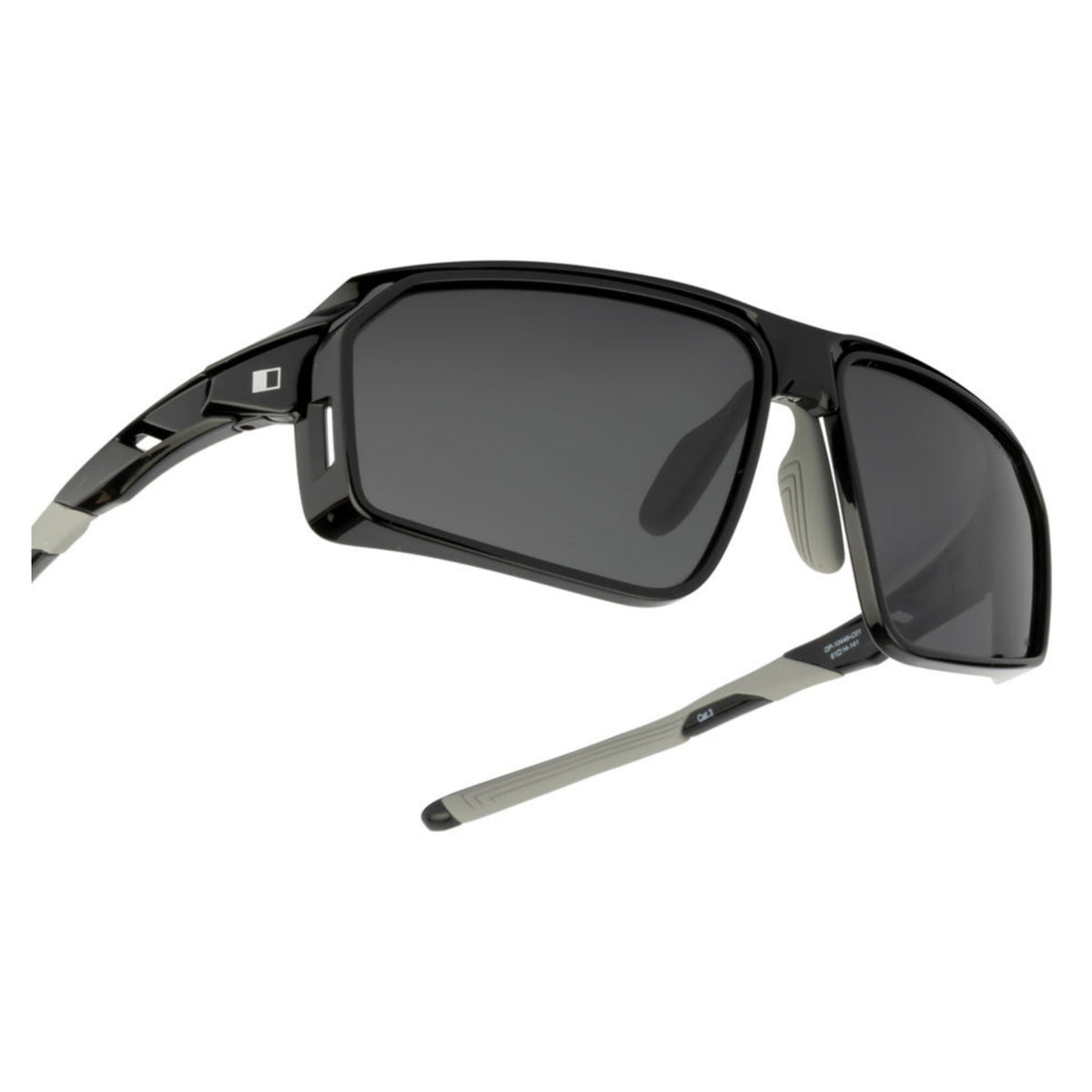Close-up of the Opium logo on the temple of the OP10446 black sports sunglasses