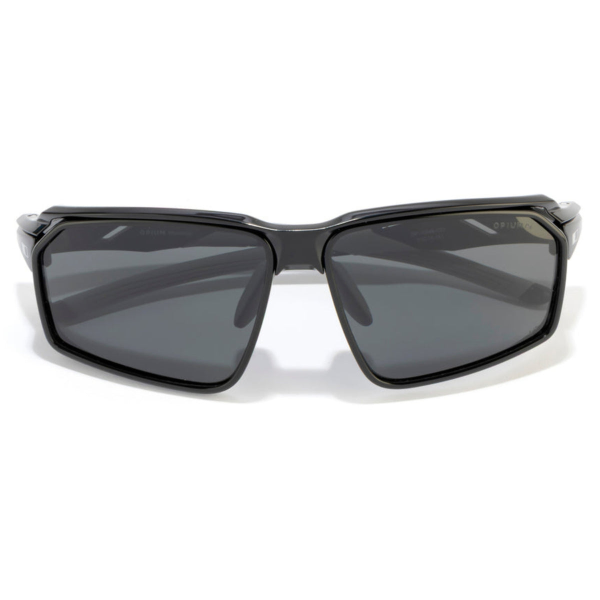 Opium OP10446 black sports sunglasses, front view with the temples folded