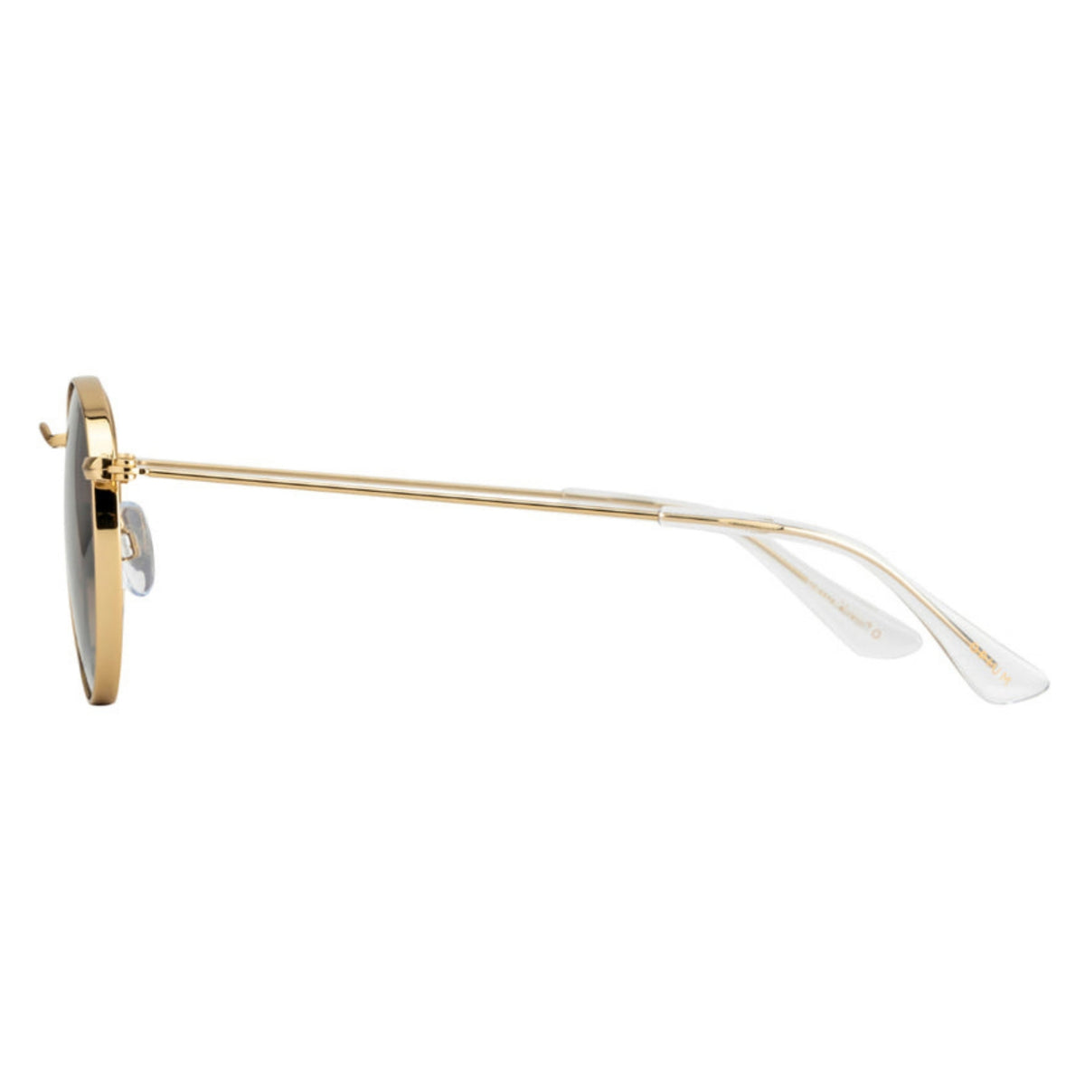 Opium OP1857 gold round sunglasses, side view of the temple