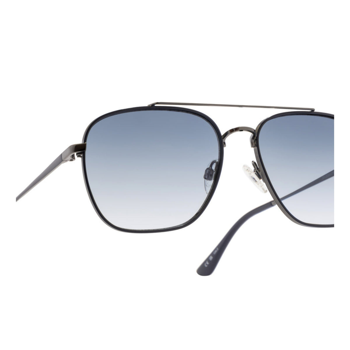 Close-up of the Opium logo on the temple of the OP2038 gunmetal aviator sunglasses