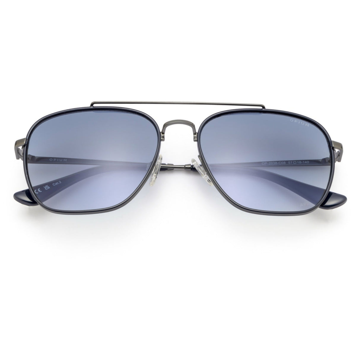 Opium OP2038 gunmetal aviator sunglasses, front view with the temples folded