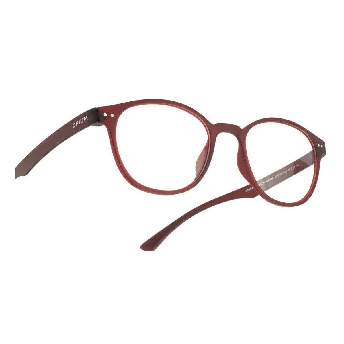 Close-up of the Opium logo on the temple of the OP2694 brown round eyeglasses