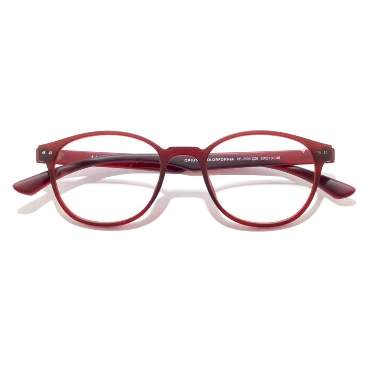 Opium OP2694 brown round eyeglasses, front view with the temples folded