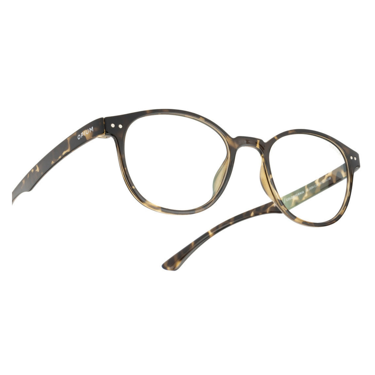 Close-up of the Opium logo on the temple of the OP2694 brown round eyeglasses