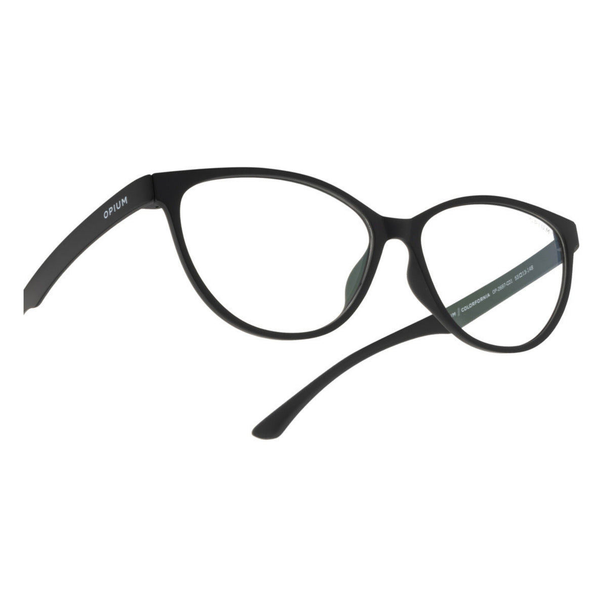 Close-up of the Opium logo on the temple of the OP2697 black cat-eye eyeglasses