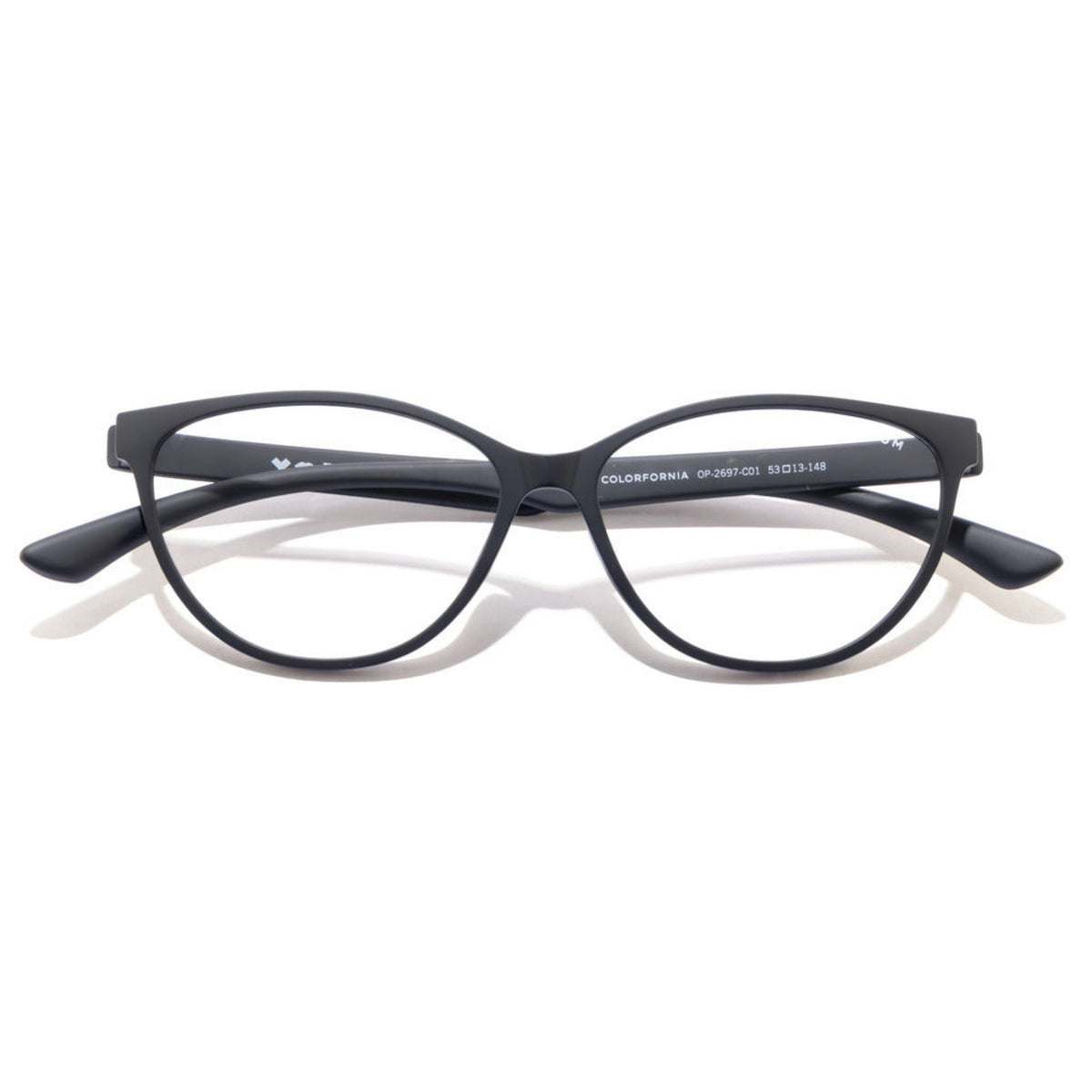 Opium OP2697 black cat-eye eyeglasses, front view with the temples folded