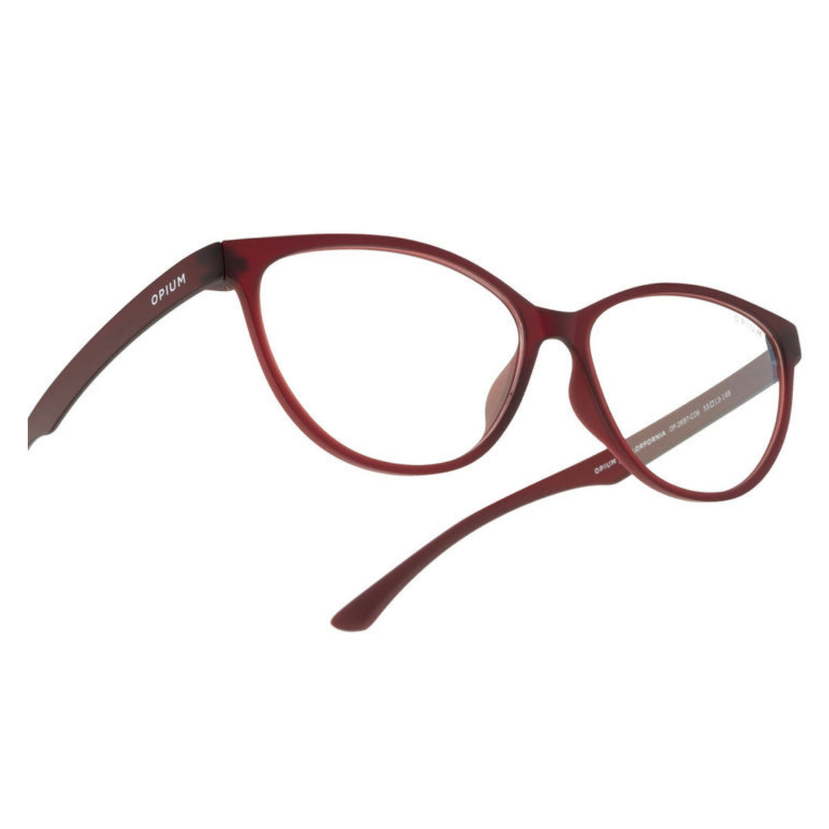 Close-up of the Opium logo on the temple of the OP2697 brown cat-eye eyeglasses