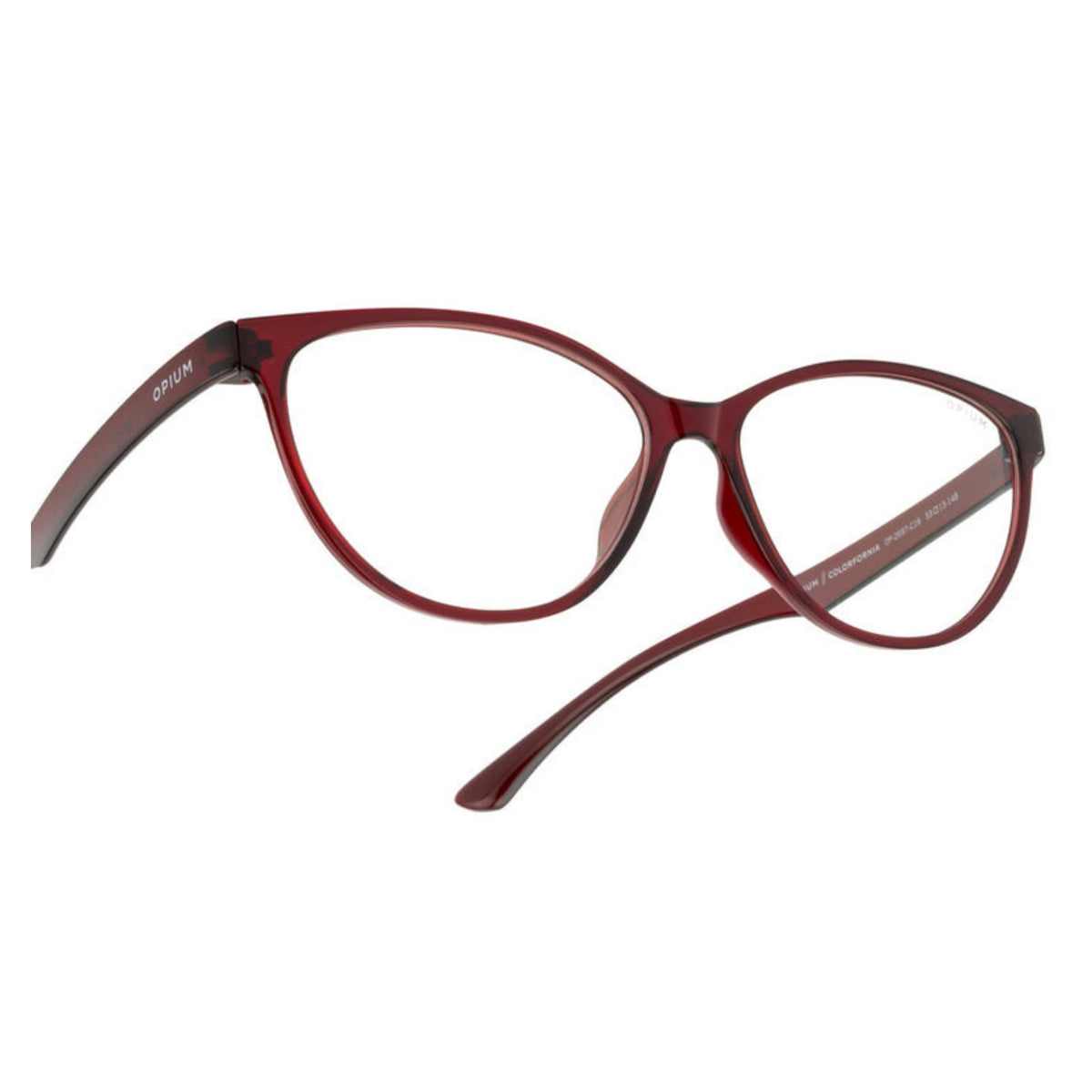 Close-up of the Opium logo on the temple of the OP2697 brown cat-eye eyeglasses