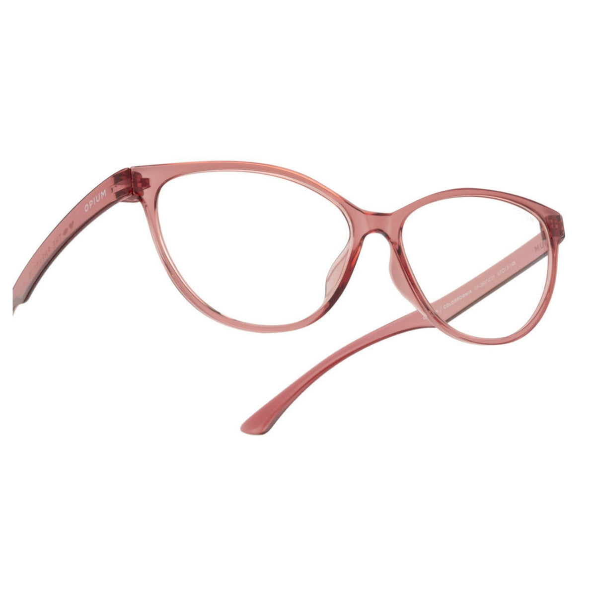 Close-up of the Opium logo on the temple of the OP2697 pink cat-eye eyeglasses