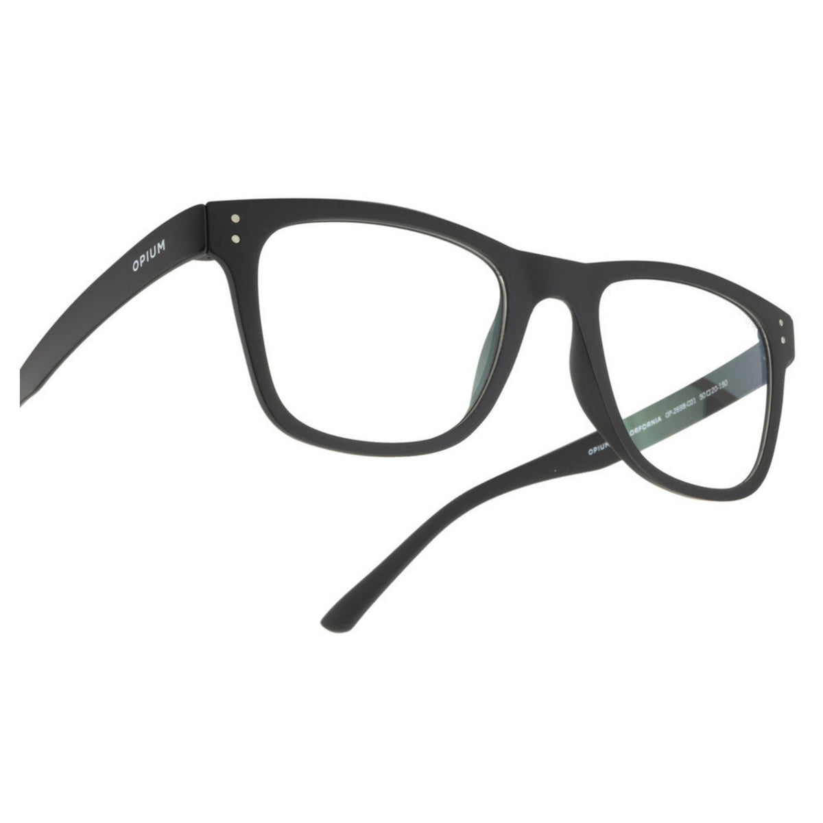 Close-up of the Opium logo on the temple of the OP2698 black square eyeglasses