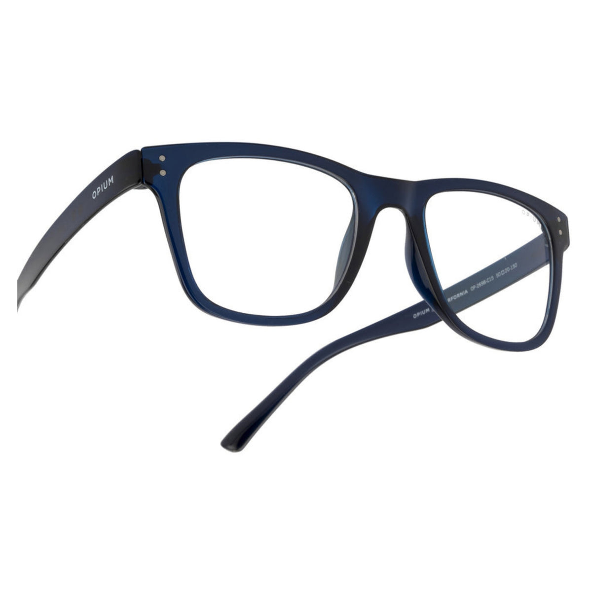 Close-up of the Opium logo on the temple of the OP2698 blue square eyeglasses