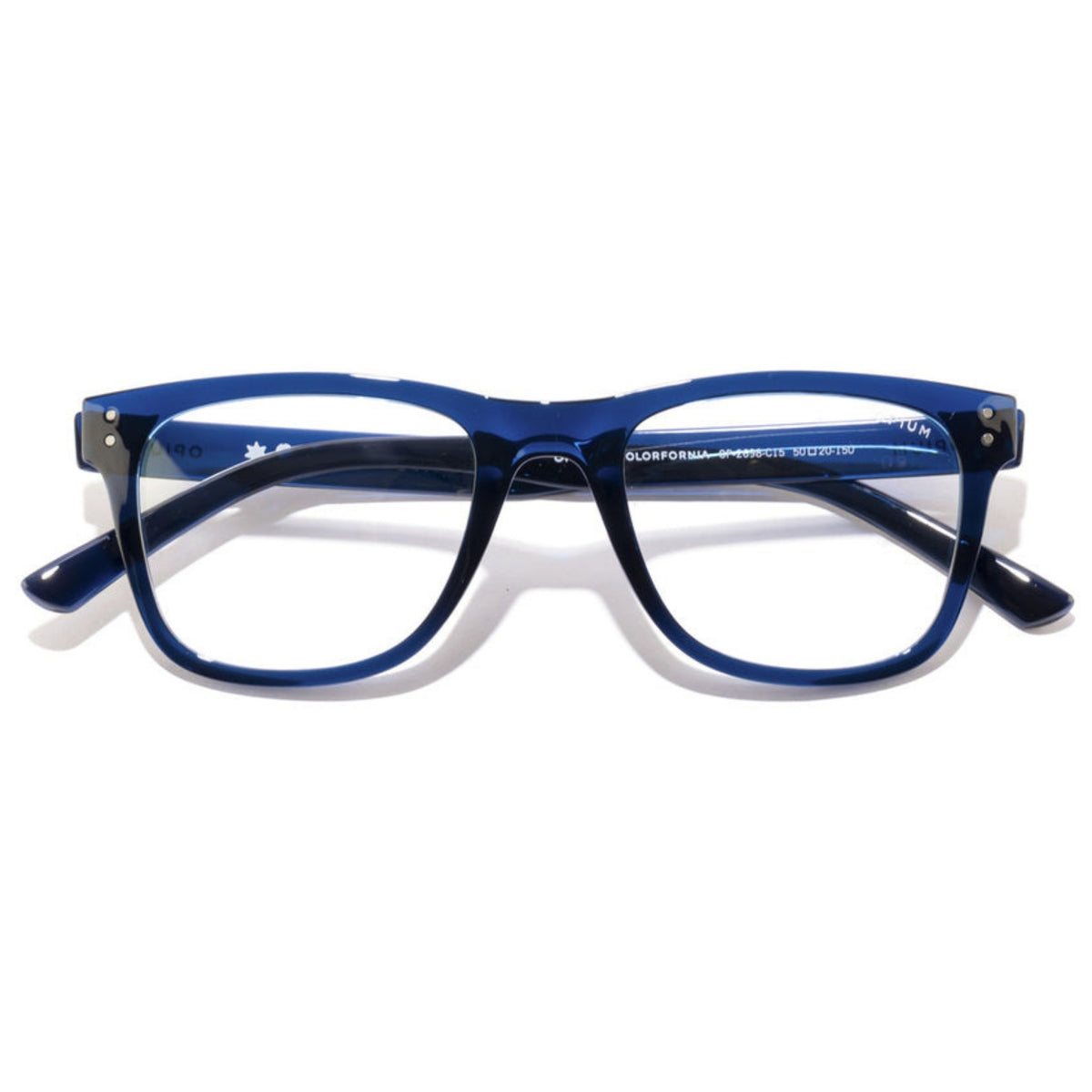 Opium OP2698 blue square eyeglasses, front view with the temples folded