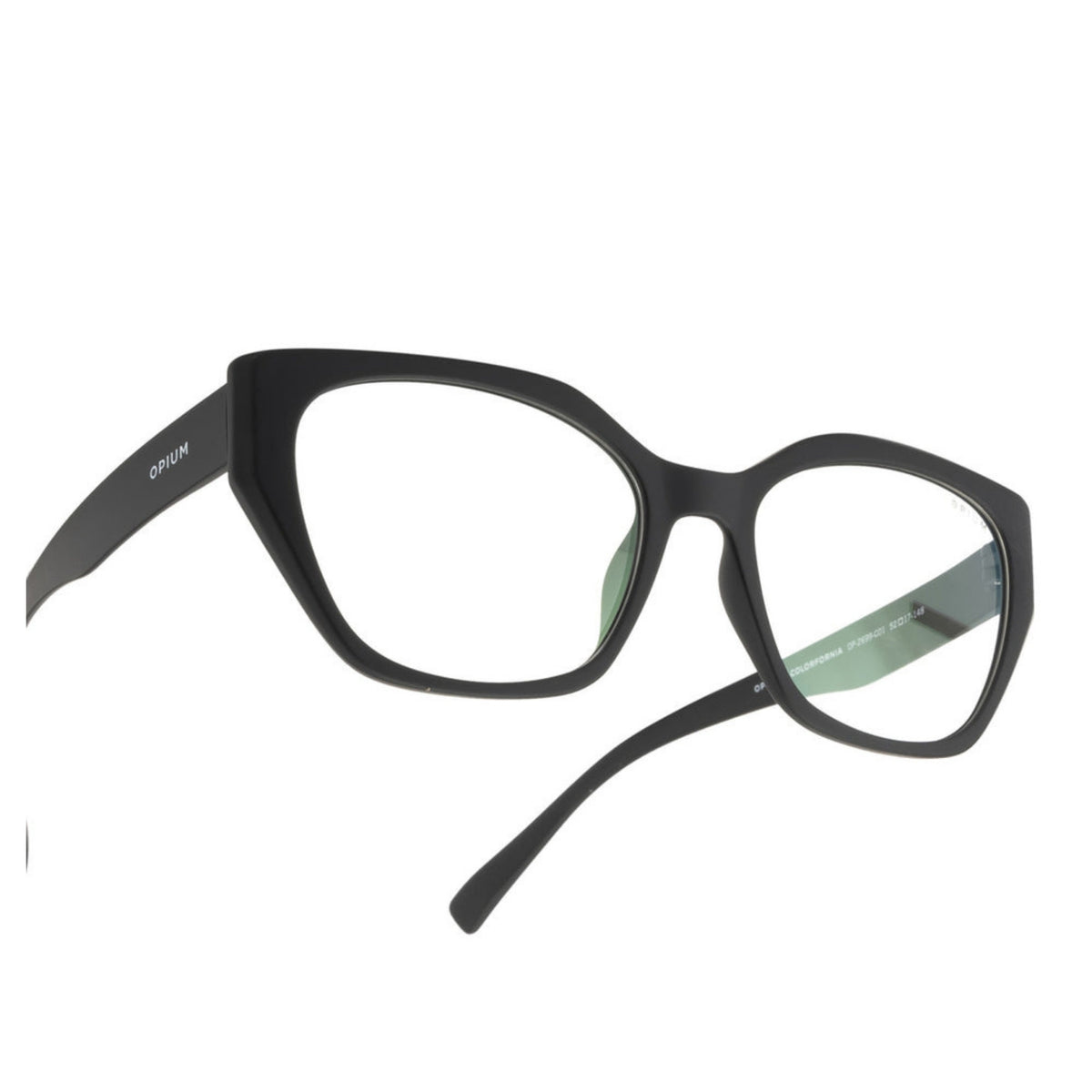 Close-up of the Opium logo on the temple of the OP2699 black cat-eye eyeglasses