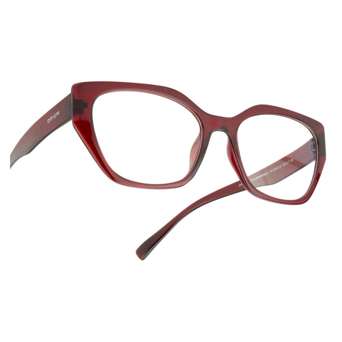 Close-up of the Opium logo on the temple of the OP2699 brown cat-eye eyeglasses