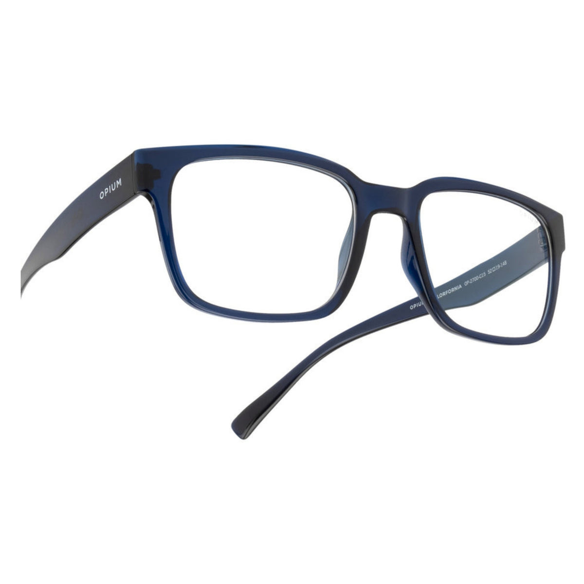 Close-up of the Opium logo on the temple of the OP2700 blue rectangle eyeglasses