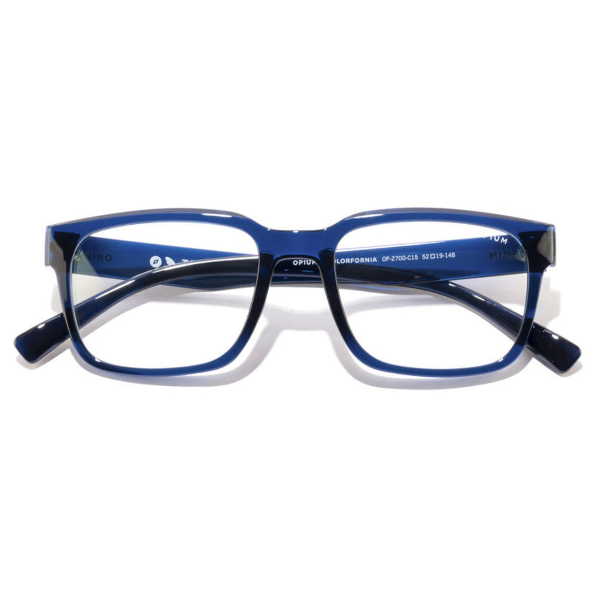 Opium OP2700 blue rectangle eyeglasses, front view with the temples folded