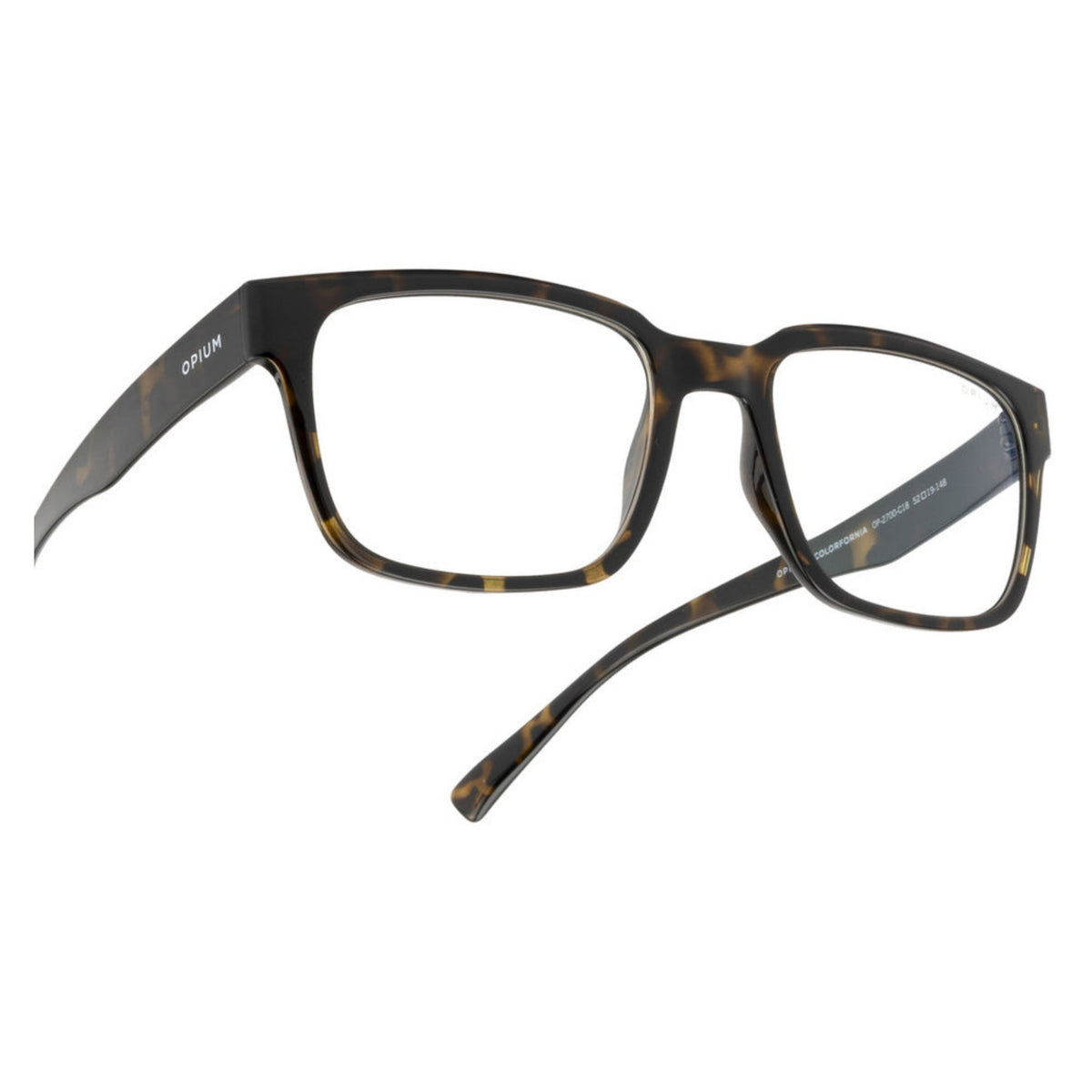 Close-up of the Opium logo on the temple of the OP2700 brown rectangle eyeglasses