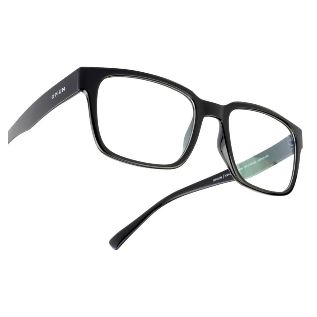 Close-up of the Opium logo on the temple of the OP2700 black rectangle eyeglasses