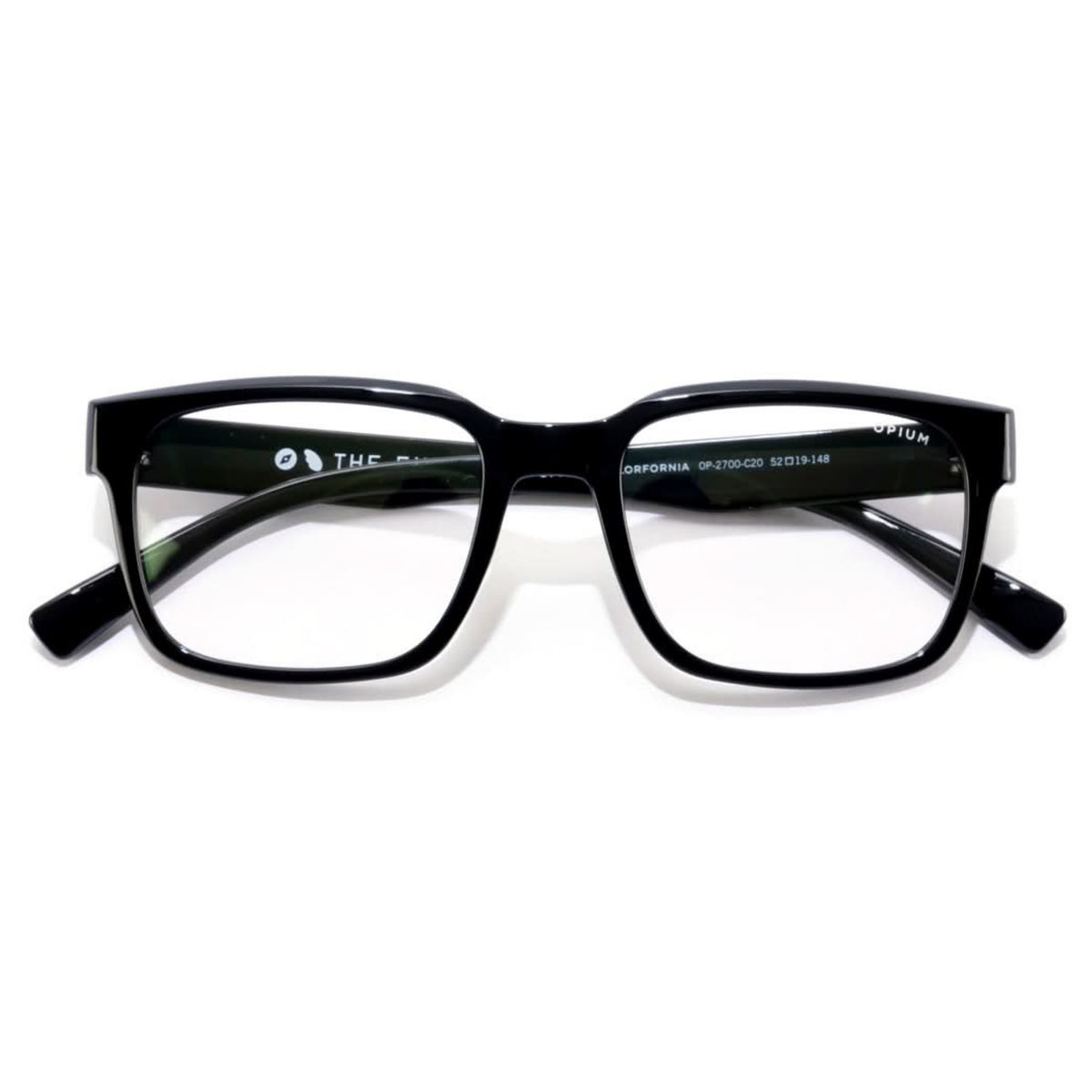Opium OP2700 black rectangle eyeglasses, front view with the temples folded