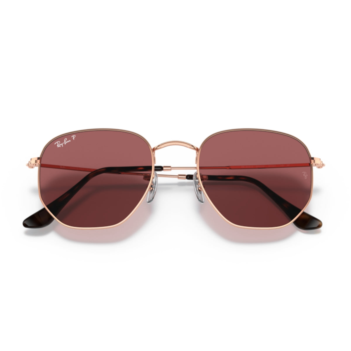 Ray-Ban Hexagonal RB3548N rose gold sunglasses, front view with the temples folded