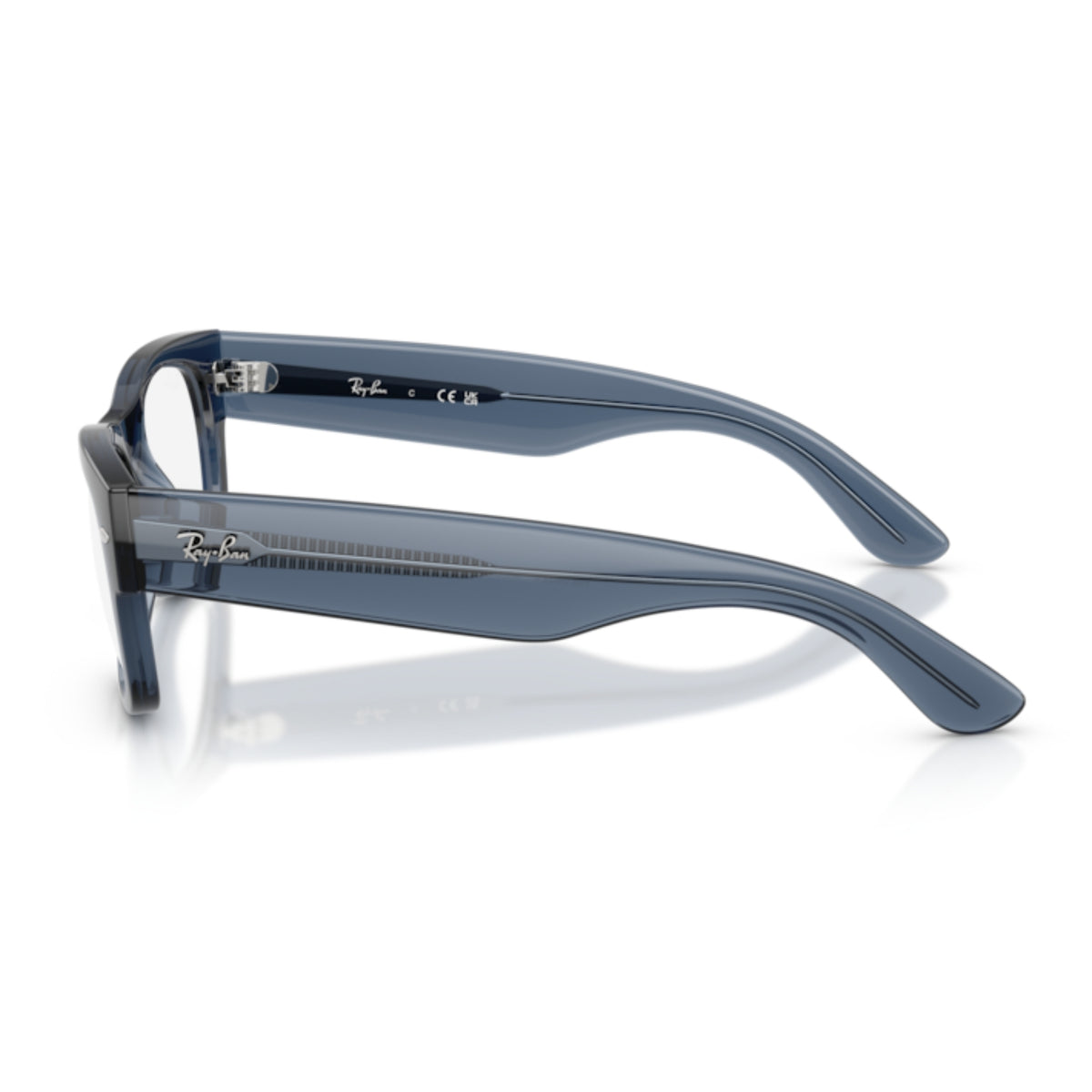 Ray-Ban Mega Wayfarer II RX0832V dark blue eyeglasses, side view of the transparent dark blue temple
