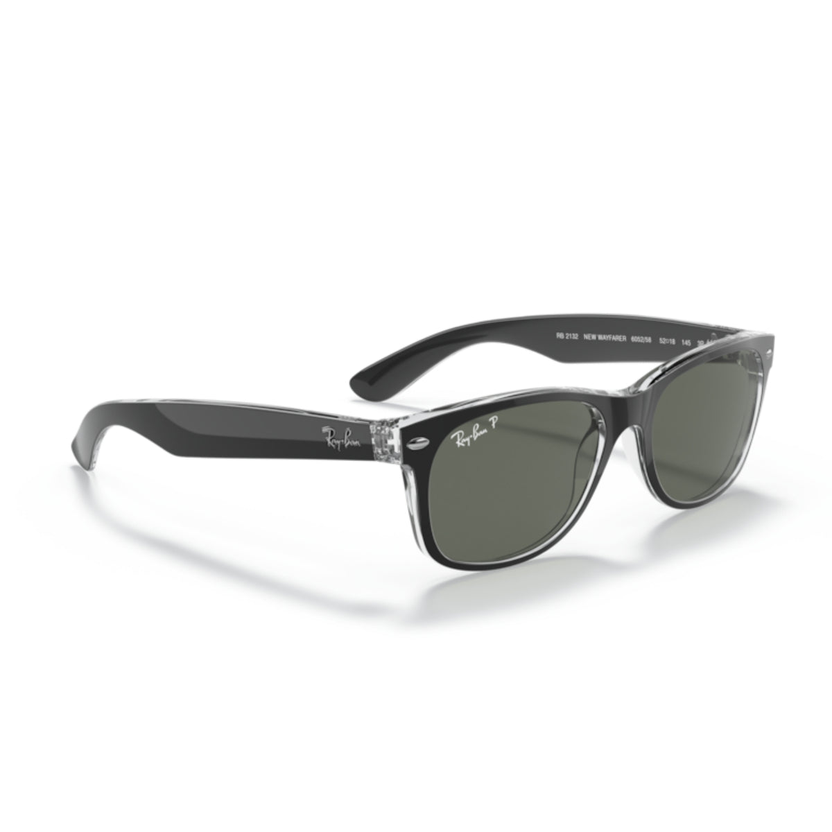 Ray-Ban New Wayfarer RB2132 black on transparent sunglasses, angled view