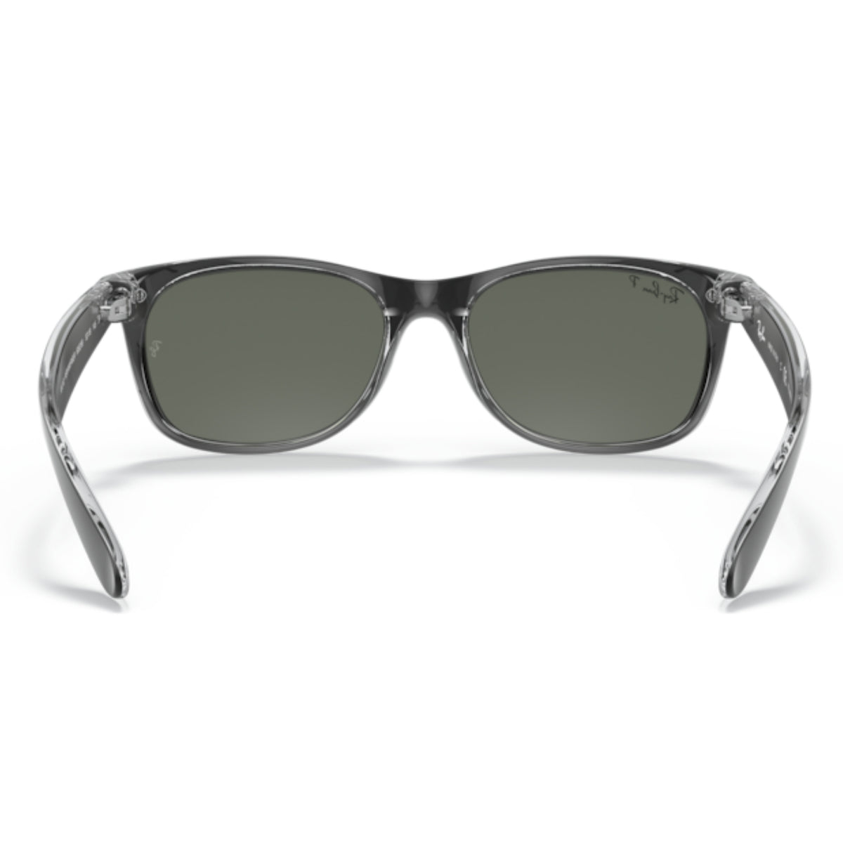 Ray-Ban New Wayfarer RB2132 black on transparent sunglasses, back view of the frame and temples