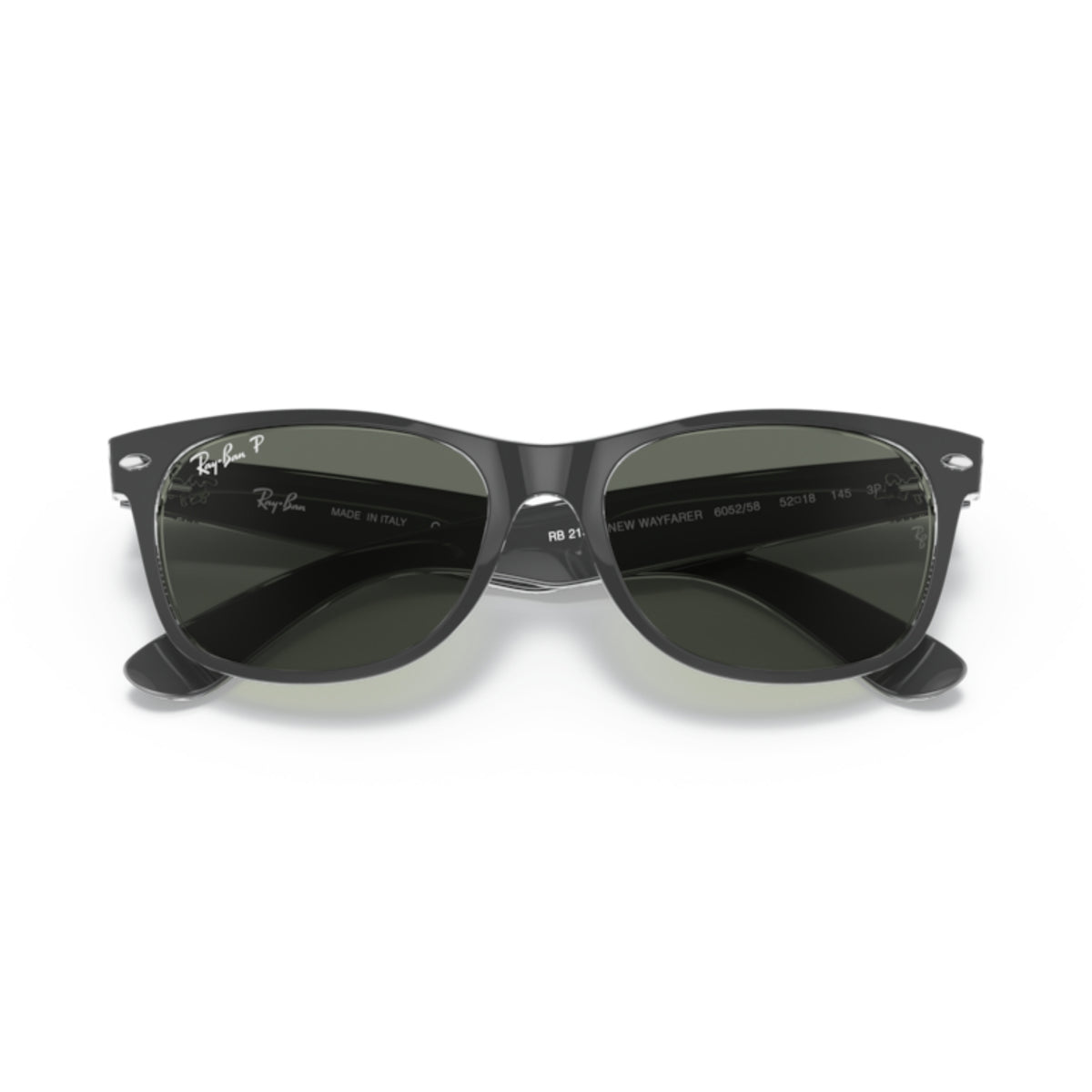 Ray-Ban New Wayfarer RB2132 black on transparent sunglasses, front view with the temples folded