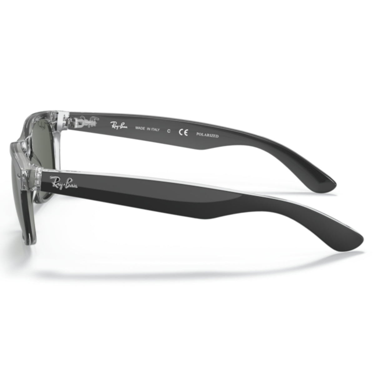 Ray-Ban New Wayfarer RB2132 black on transparent sunglasses, side view of the temple