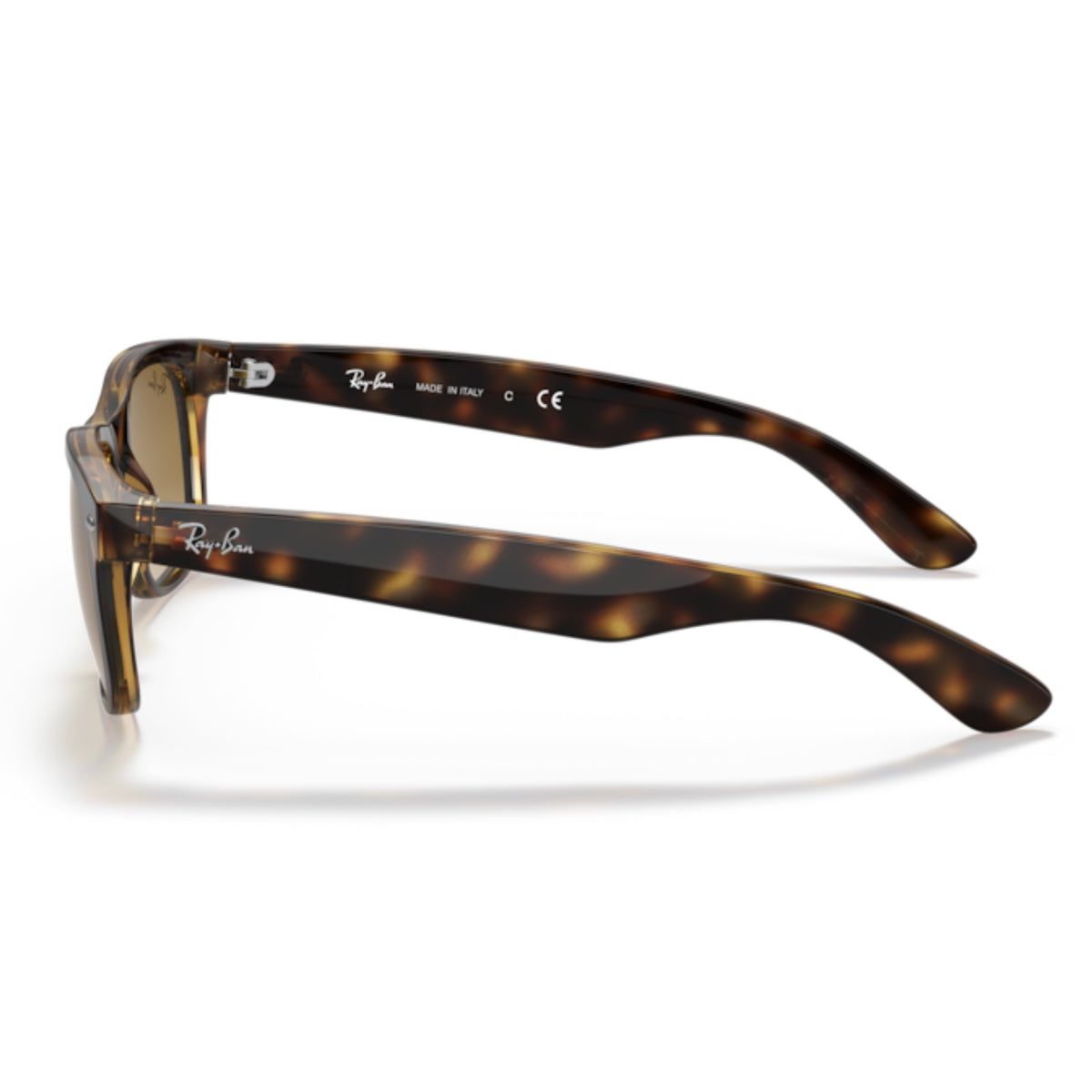 Ray-Ban New Wayfarer RB2132 light havana sunglasses, side view of the light havana temple