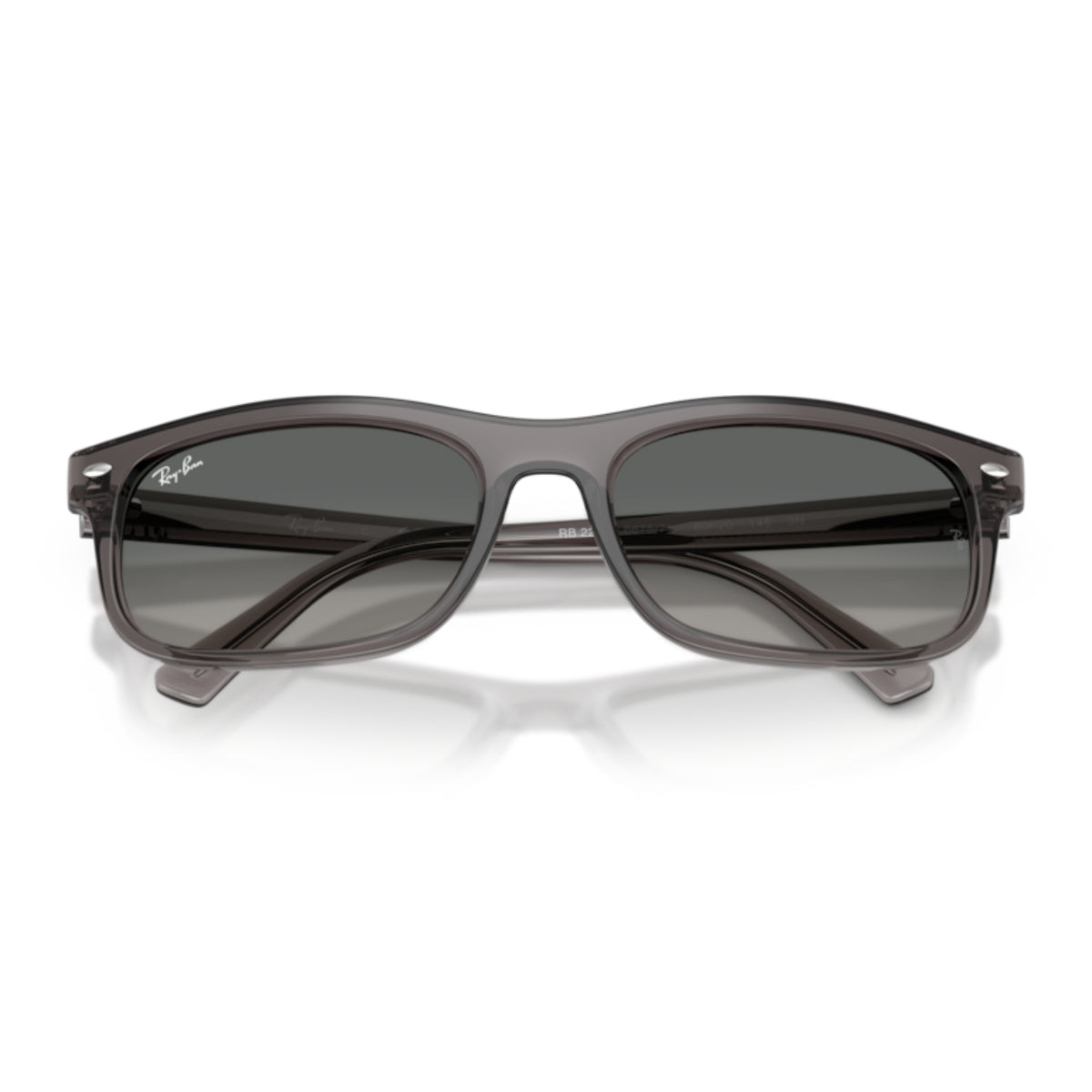 Ray-Ban RB2224 opal light grey rectangle sunglasses, front view with the temples folded