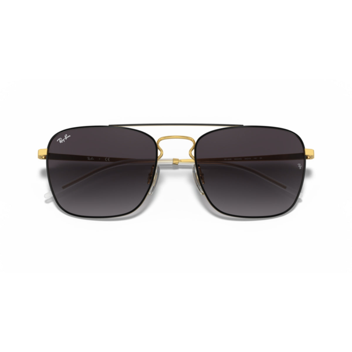 Ray-Ban RB3588 black on gold square sunglasses, front view with the temples folded