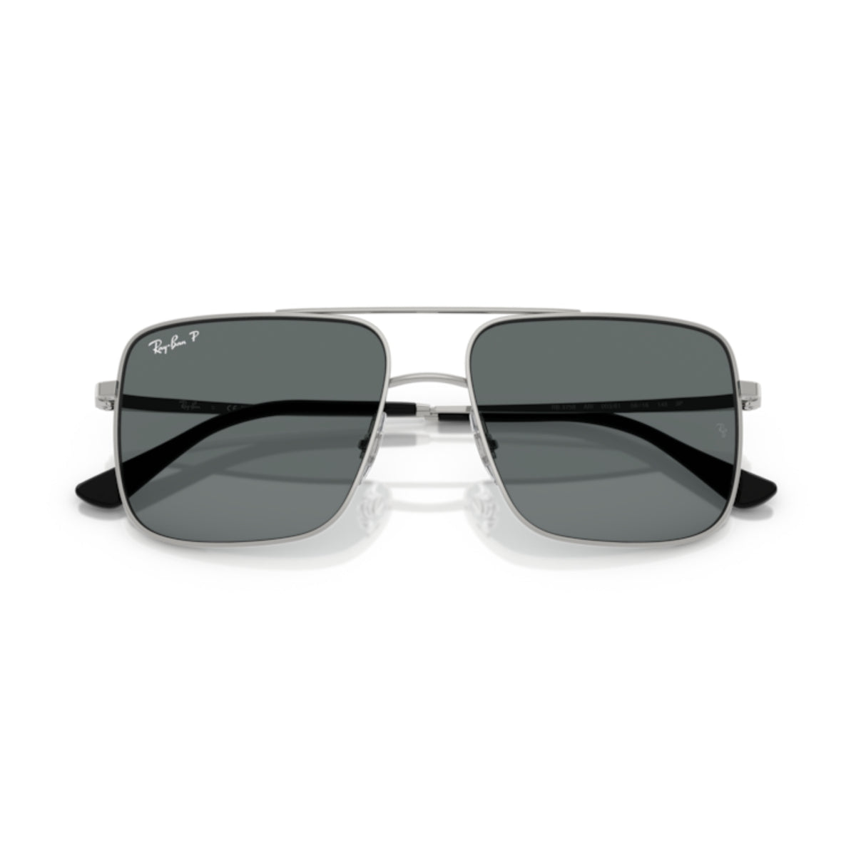 Ray-Ban RB3758 silver square sunglasses, front view with the temples folded