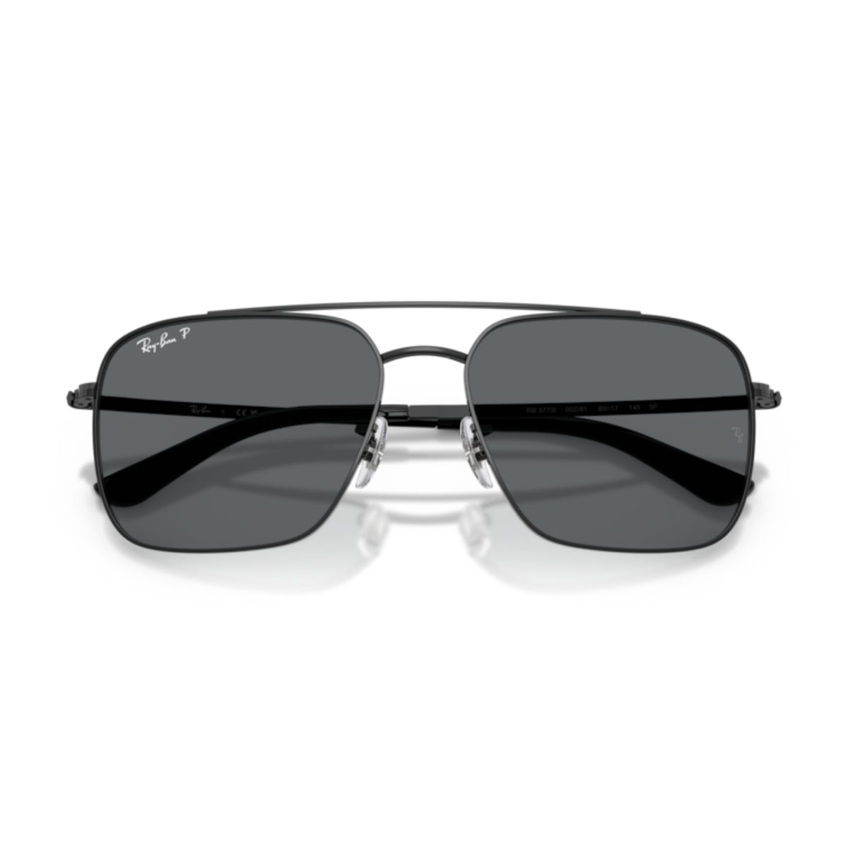 Ray-Ban RB3773 black square sunglasses, front view with the temples folded