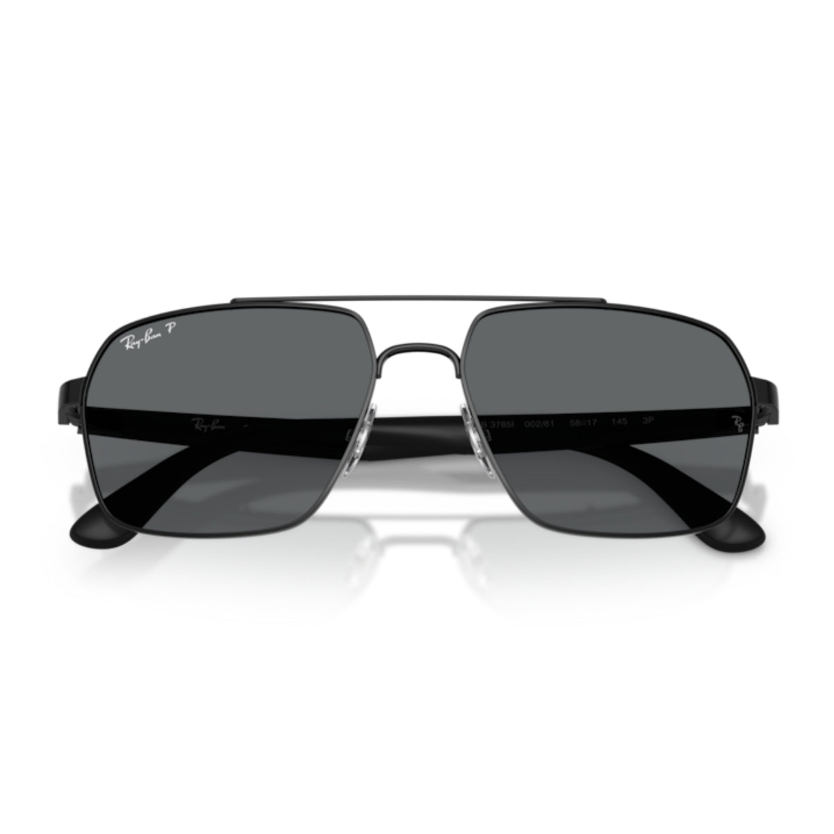Ray-Ban RB3785 black square sunglasses, front view with the temples folded