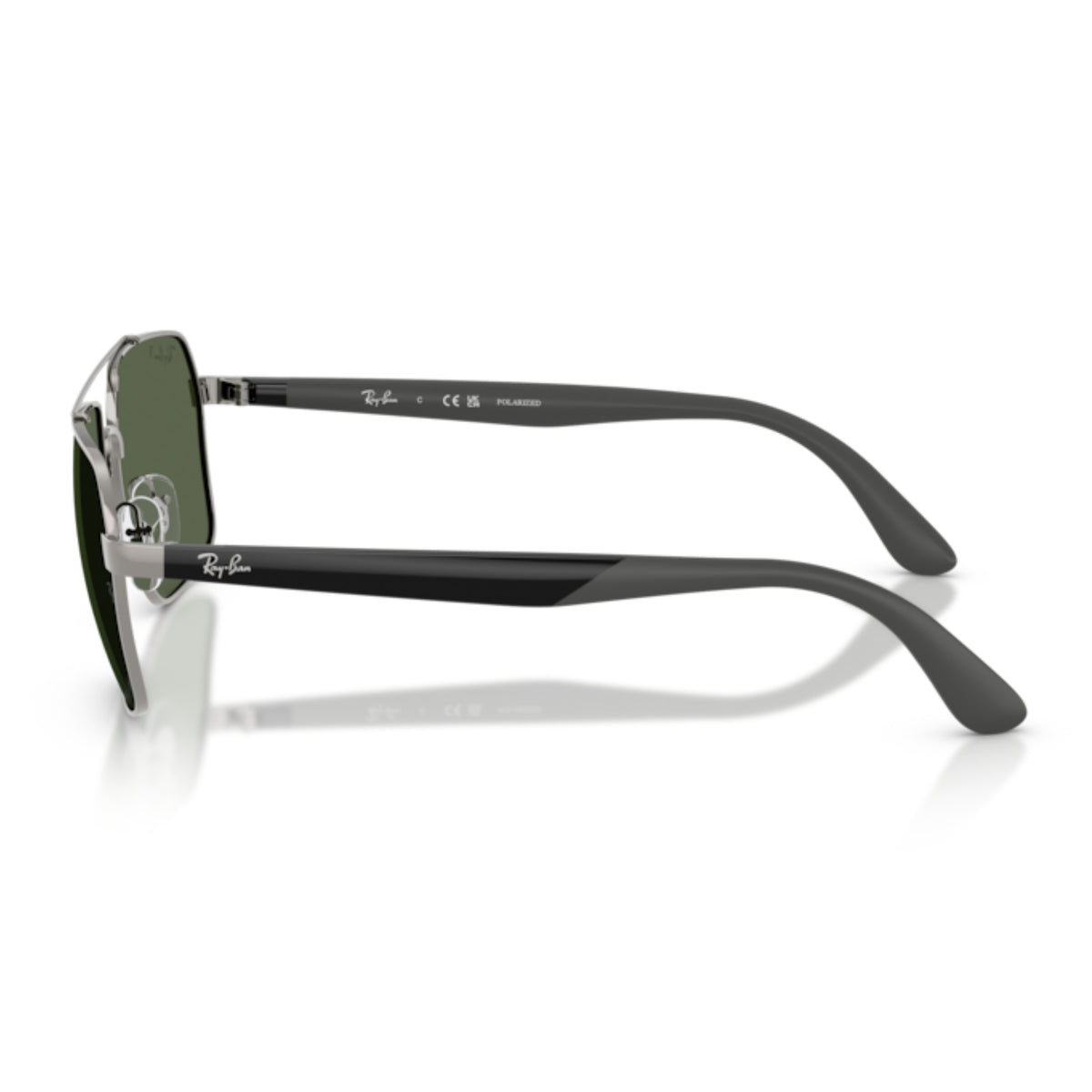 Ray-Ban RB3785 gunmetal square sunglasses, side view of the black & grey temple
