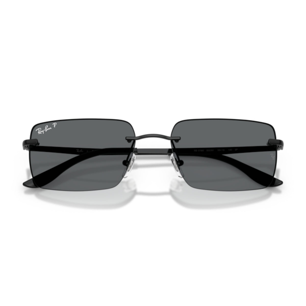 Ray-Ban RB3786 black rimless sunglasses, front view with the temples folded