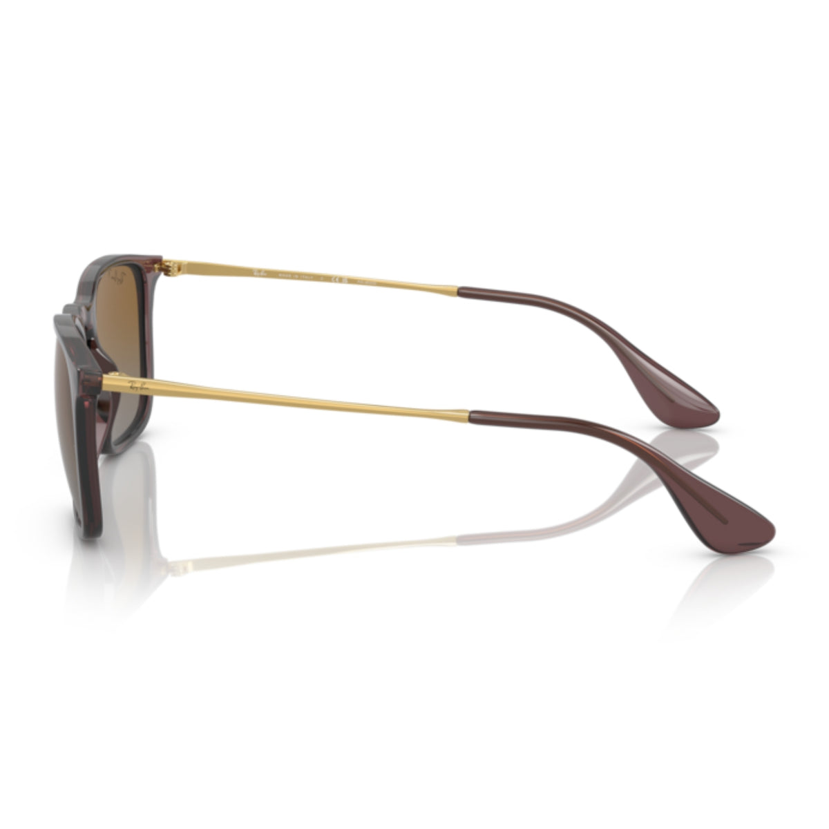 Ray-Ban RB4187 transparent brown square sunglasses, side view of the gold temple
