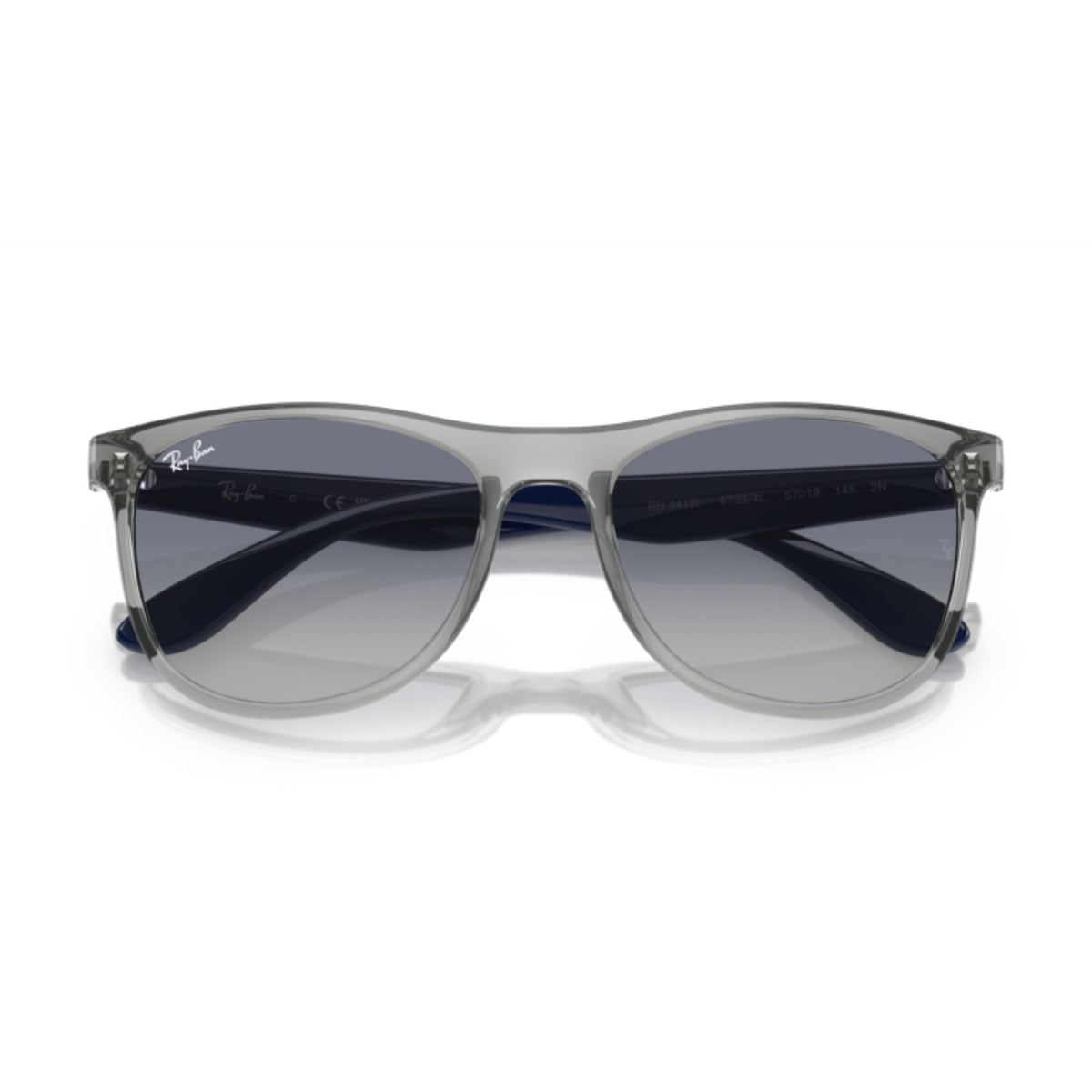 Ray-Ban RB4412 transparent grey square sunglasses, front view with the temples folded