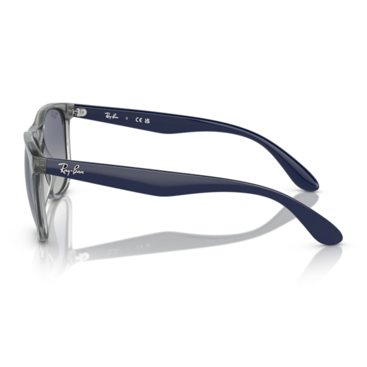 Ray-Ban RB4412 transparent grey square sunglasses, side view of the dark blue temple
