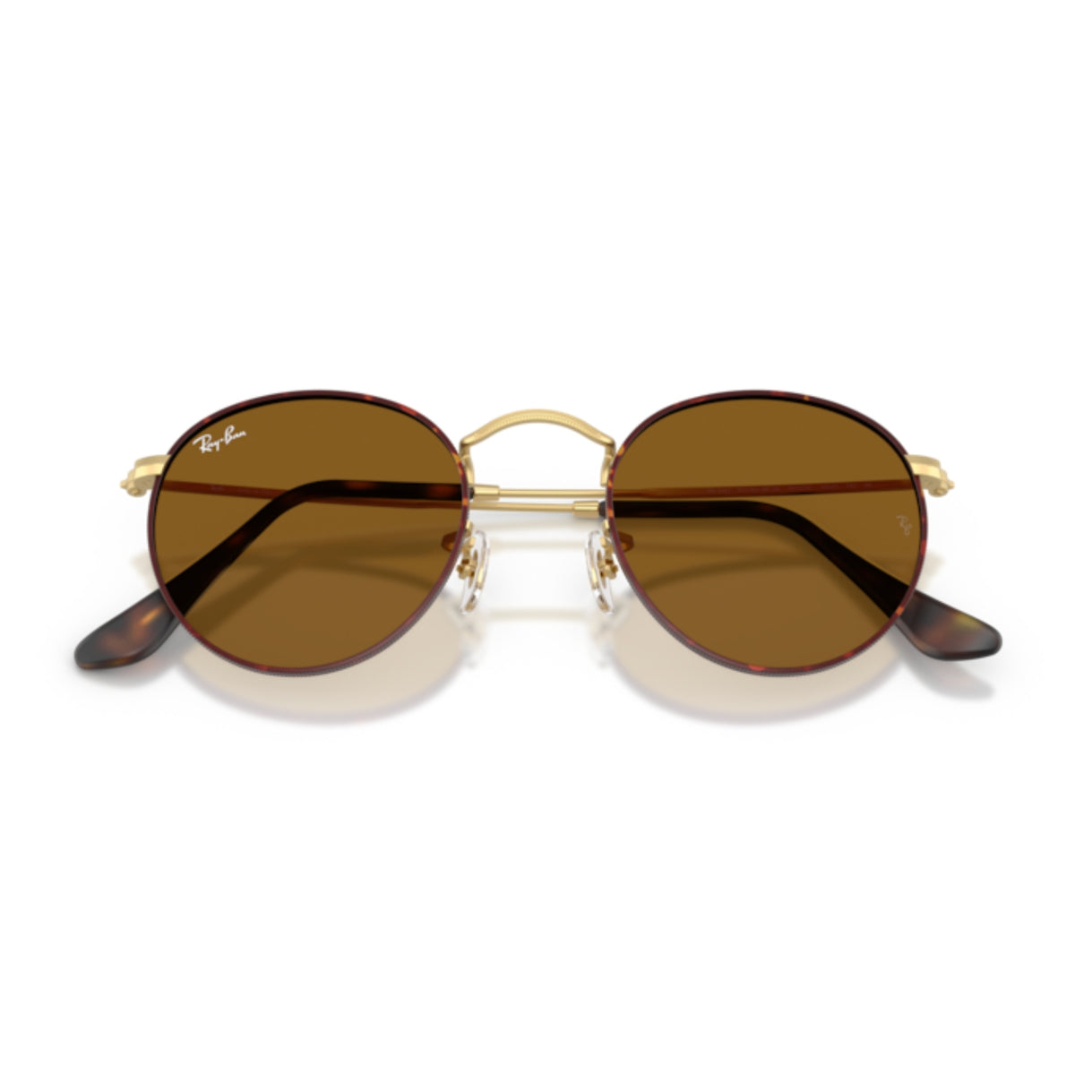 Ray-Ban Round Metal RB3447 havana on gold sunglasses, front view with the temples folded