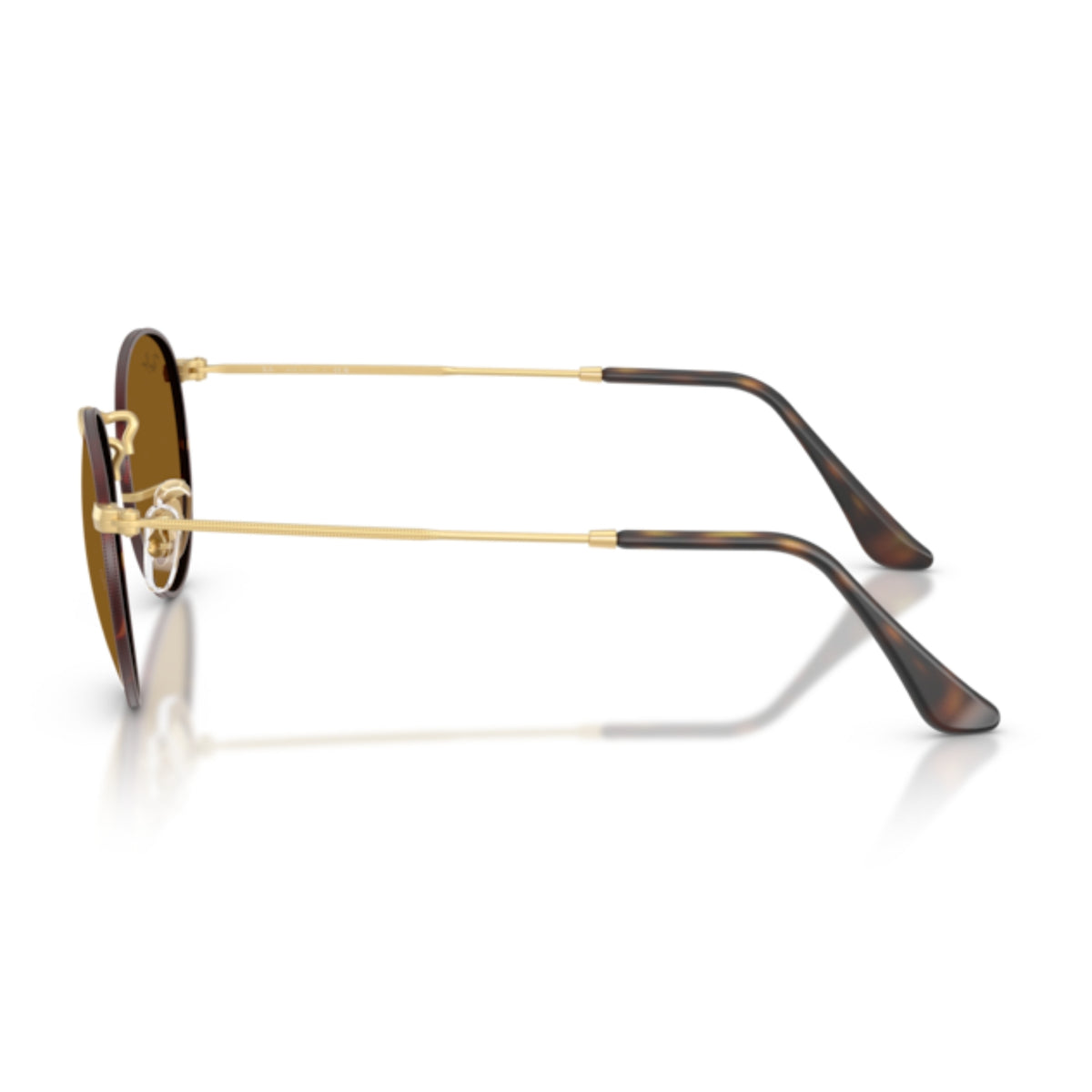 Ray-Ban Round Metal RB3447 havana on gold sunglasses, side view of the matt arista gold temple